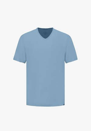 Vaaleansininen lyhythihainen V-kaula-aukkoinen t-paita, joka on valmistettu pehmeästä kankaasta. Paita on yksinkertainen ja siinä on suora helma ilman ylimääräisiä kuvioita tai koristeita.