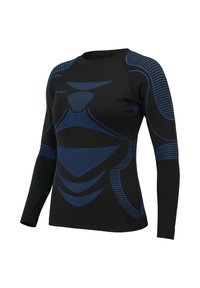 Black long-sleeve shirt featuring blue geometric patterns and textured stripes. Made from stretchy material for active wear.