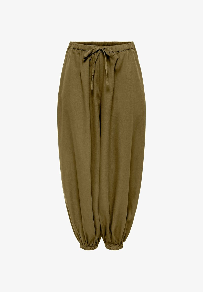 Pantalon ample de couleur vert olive avec taille élastique et cordon de serrage, coupe fuselée avec poignets élastiques froncés aux chevilles.