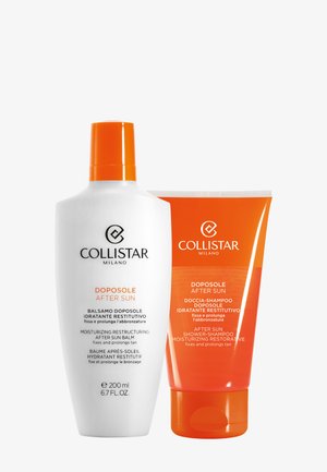 Zwei Collistar After Sun Produkte, eine weiße 200 ml Flasche mit orangefarbenem Verschluss, eine orangefarbene Tube, beide mit der Aufschrift feuchtigkeitsspendend und regenerierend.
