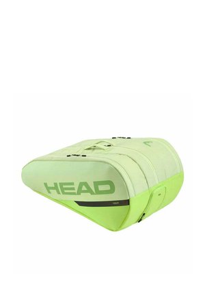 Hellgrüne HEAD Tennistasche mit mehreren Reißverschlussfächern und einem Griff oben, gedacht zum Transport von Sportausrüstung.