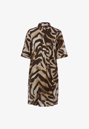 Korte mouwbutton-up jurk met bruine en beige abstracte zebraprint, puntige kraag en knielange zoom.