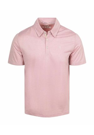 Roze polo met korte mouwen met drie witte knopen en kraag, weergegeven op een witte achtergrond.
