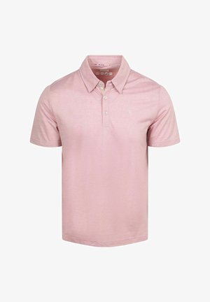 Pinkes Kurzarm-Poloshirt mit drei weißen Knöpfen und Kragen, auf weißem Hintergrund dargestellt.