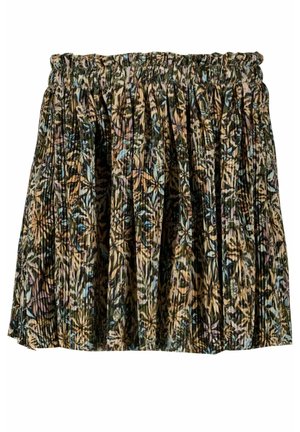 Jupe plissée à taille élastique avec un motif floral et abstrait dans des tons de marron, beige, bleu et noir.