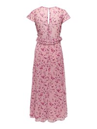 Robe midi florale rose avec manches courtes, ouverture dos en forme de goutte, fermeture par boutons et détail volanté à la taille.