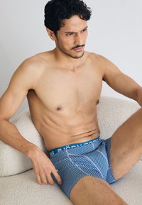 Blue striped boxer briefs with a blue elastic waistband. The fabric has a smooth texture, featuring thin diagonal lines in lighter shades.