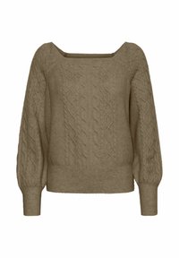 Kabelstrickpullover in einem hellbraunen Farbton. Mit quadratischem Ausschnitt und puffartigen Ärmeln. Strukturmuster über den gesamten Stoff.