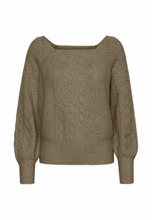 Švarkelis su kabelinėmis raštomis šviesiai rudame atspalvyje. Turi kvadratinį iškirpimą ir pūstus rankovėmis. Audinio tekstūrinis raštas visame paviršiuje.