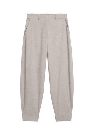 Light gray tailored pants with a smooth texture, featuring a straight cut, side pockets, and cuffs at the ankles.
