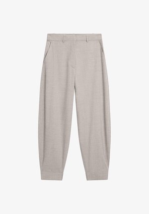 Hellgraue, maßgeschneiderte Hose mit glatter Textur, geradem Schnitt, Seitentaschen und Bündchen an den Knöcheln.