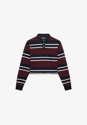 Polo de manga larga con diseño cropped, rayas en burdeos y azul marino, cuello con solapa, tapeta de tres botones y puños acanalados.