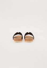 Sorte stropper sandaler med kork-mellomsåle og lysebrun fotseng. Åpen bakdesign, glatt tekstur og minimalistisk stil.