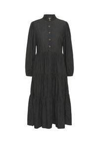 Long black tiered dress with long sleeves, ruffled collar, and five front brown buttons.