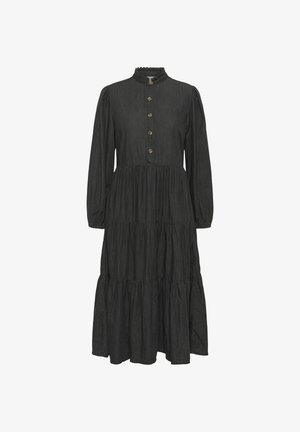 Long black tiered dress with long sleeves, ruffled collar, and five front brown buttons.