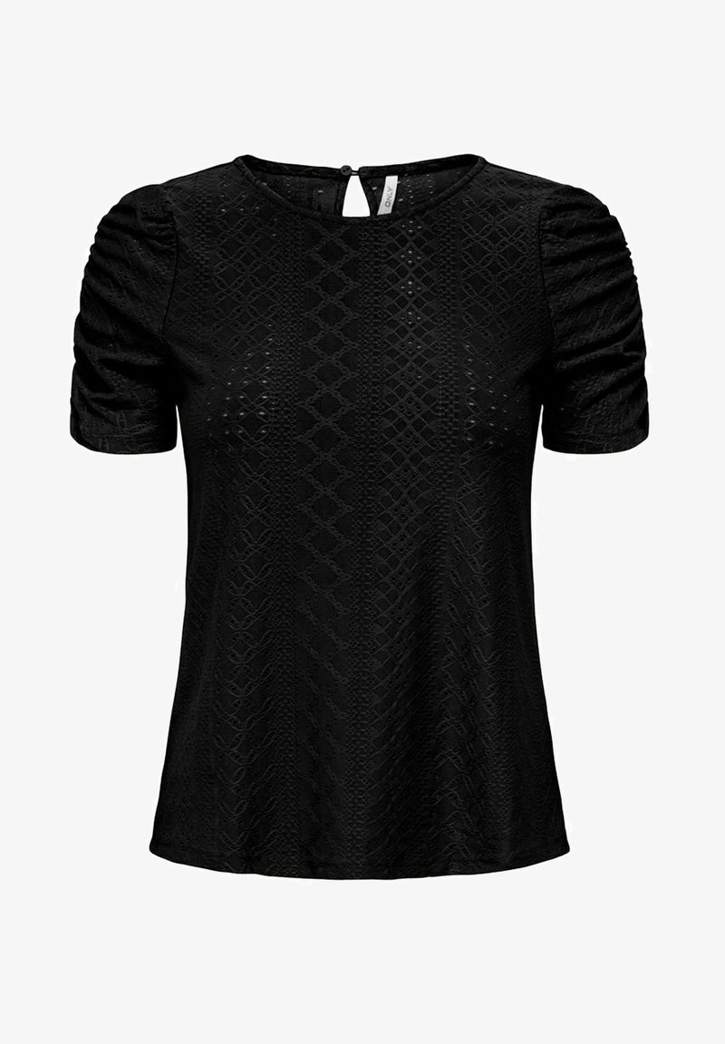 Blouse noire à manches courtes avec motif diamant et treillis texturé, manches froncées, encolure ronde et fermeture par bouton au dos.