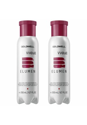 Zwei 200-ml-Flaschen Goldwell Elumen VV@all Haarfarbe. Die Flaschen sind weiß mit einem lila Deckel; sie haben ein Textetikett und ein Farbmuster-Design.
