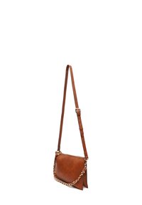 Brown leather shoulder bag with a long adjustable strap and gold chain accent. Features a flat shape and smooth texture.