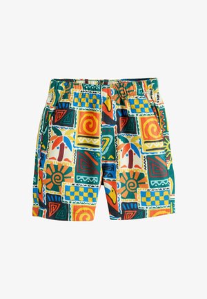 Dětské šortky s elastickým pasem s barevnými abstraktními geometrickými a přírodou inspirovanými vzory v oranžové, zelené, žluté, modré a červené.