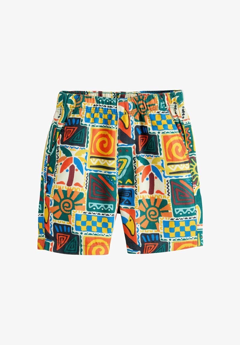 Gyerekeknek készült, gumis derékrészű rövidnadrág színes, absztrakt geometriai és természet ihlette mintákkal, narancssárga, zöld, sárga, kék és piros színekben.