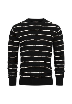 Suéter negro con rayas blancas irregulares, cuello redondo, mangas largas y puños y dobladillo acanalados. Textura de punto suave, diseño casual.