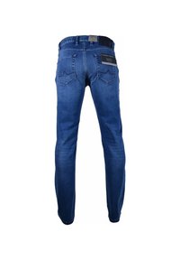 Dark blue denim jeans with a straight fit, featuring two back pockets, subtle stitching details, and a waistband label.