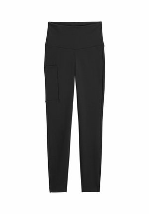 Sorte leggings med høj talje og en stor sidelomme på venstre lår, designet til atletisk eller afslappet brug.