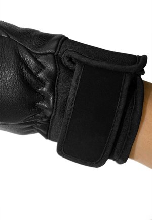 Black leather glove with a fitted wrist. Features a padded, textured cuff and a velcro strap for secure fastening.
