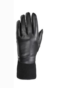 Juodas odinis pirštinė su raukšlėta juoda megzta rankove, pasižyminti lygiu paviršiumi, penkiomis atskiromis pirštinėmis ir sidabriniu akcentu arti riešo.