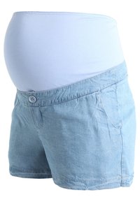 Maternity shorts with a light blue, stretchy, fitted waistband and light blue denim fabric; features a button closure and side pockets.