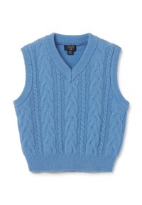 Hellblauer gestrickter ärmelloser Pullover mit V-Ausschnitt, mit einem Zopfmuster und geripptem Saum. Geeignet für Kinder im Alter von 10-11 Jahren.