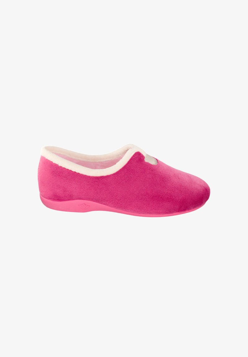 Zapatilla rosa hecha de un tejido suave con un interior esponjoso y un ribete blanco en contraste, con forma redondeada y suela de goma flexible.