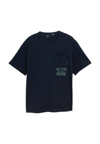 Granatowy T-shirt z krótkim rękawem wykonany z miękkiej bawełny, z kieszenią na lewej piersi i nadrukiem tekstu z przodu.