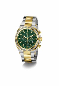 Kronografur med grön urtavla, gyllene detaljer, armband i rostfritt stål och guldfinish, tachymeterskala och tre subskivor.