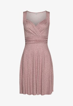 Mouwloze stoffige roze jurk met wit gespikkeld patroon, V-halslijn met geplooid detail, getailleerde taille en A-lijn rok.