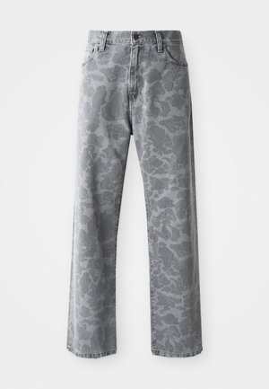 Gray denim jeans featuring a camouflage pattern, straight leg design, five pockets, and a button-fly closure.
