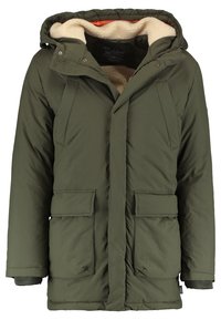 Oliwkowa pikowana kurtka z zamkiem błyskawicznym i zapięciem na zatrzaski, kołnierzem podszytym polarem, dwoma przednimi kieszeniami i miękką teksturą.