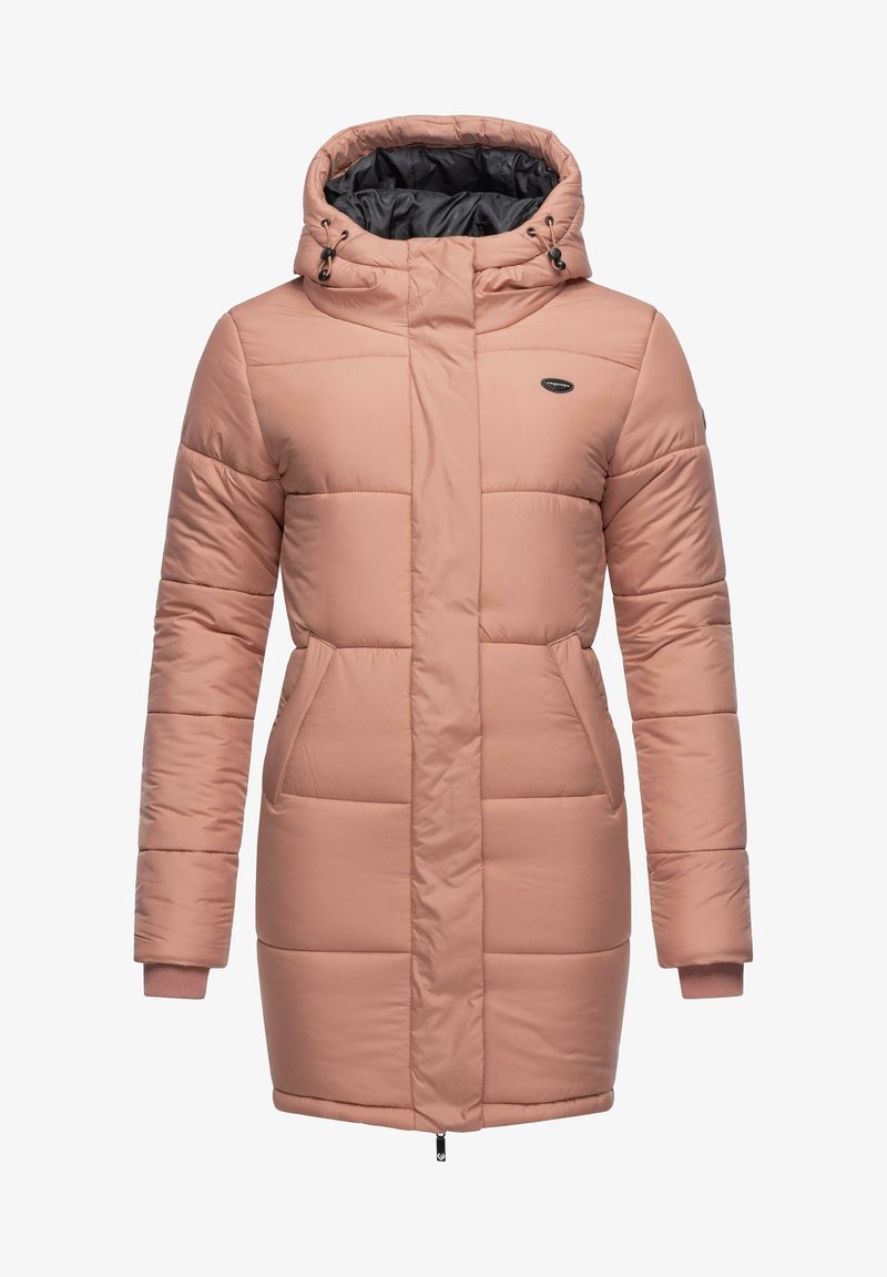 Pink puffer coat with a hood, horizontal stitching, zip closure, two front pockets, and ribbed cuffs. Lined with black fabric.