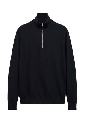Zwarte pullover met een hoge hals en een halve rits. Gemaakt van een textuur gebreide stof, met lange mouwen en een ontspannen pasvorm.