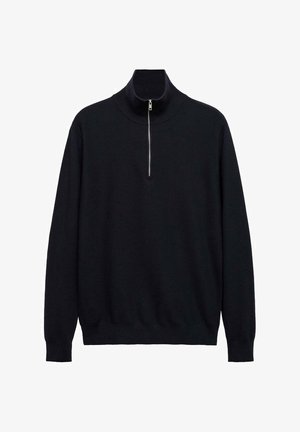 Črn pulover z visokim ovratnikom in polovičnim zadrgo. Narejen iz teksturiranega pletenega materiala, ima dolge rokave in sproščen kroj.