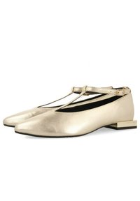 Bailarinas metálicas doradas con punta afilada, diseño de tiras en T y pequeño tacón bloque. Textura suave y acentos minimalistas.