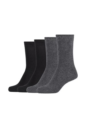 Four pairs of crew socks in black and dark gray, made from a soft, textured fabric with a ribbed cuff for fit and comfort.