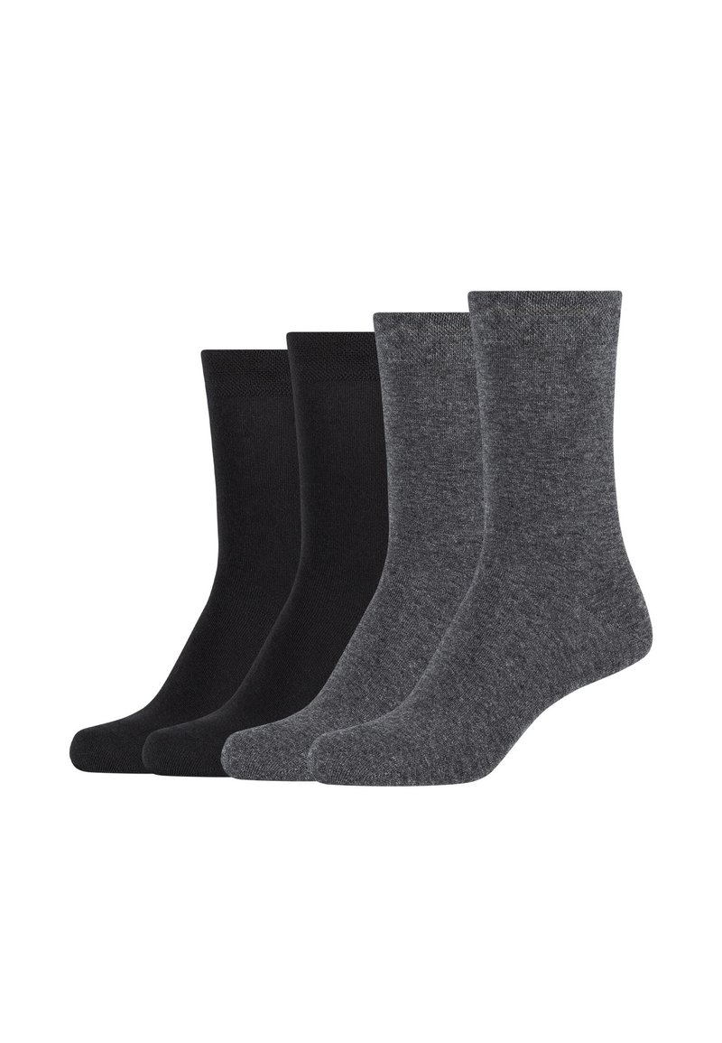 Four pairs of crew socks in black and dark gray, made from a soft, textured fabric with a ribbed cuff for fit and comfort.