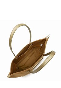 Borsa tote color testa di moro con due manici in tonalità oro, chiusura con zip e un ampio interno con una fodera in tessuto liscio e due tasche interne.