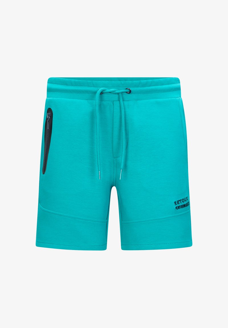 Turquoise sportieve shorts van zacht materiaal met een elastische tailleband, trekkoord en een ritsvak aan de zijkant; met logo-detail.