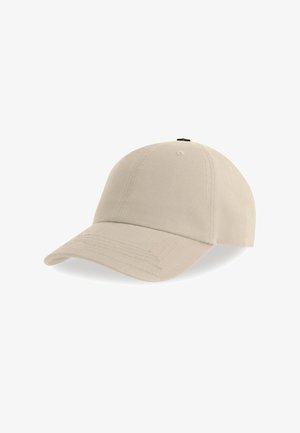 Beige Baumwoll-Baseballmütze mit gebogenem Schirm, sechs Paneelen und Belüftungsösen. Verfügt über einen braunen gestickten Akzent an der Oberseite.