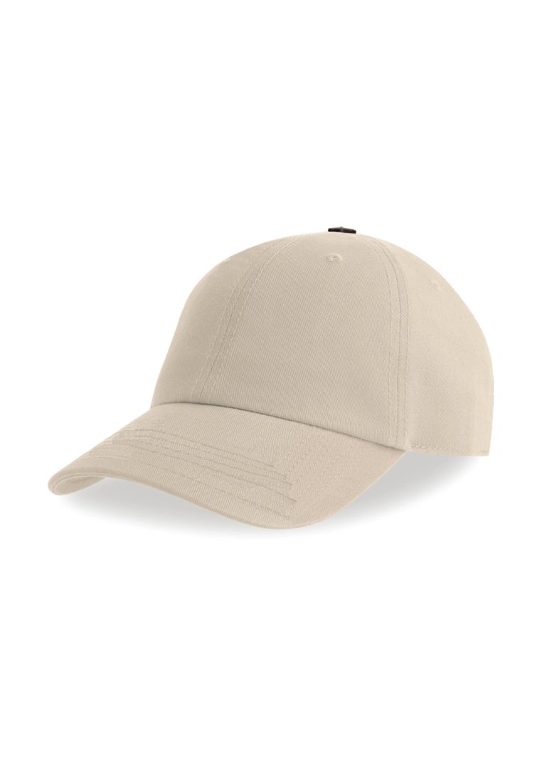 Beige Baumwoll-Baseballmütze mit gebogenem Schirm, sechs Paneelen und Belüftungsösen. Verfügt über einen braunen gestickten Akzent an der Oberseite.