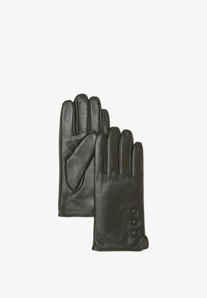 Schwarze Lederhandschuhe mit fünf Fingern, die eine glatte Textur aufweisen und vier Knopfakzente im Handgelenkbereich haben.