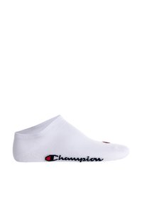 Weißer knöchelhöher Socken aus Baumwollmischung, mit geripptem Bündchen und schwarzem "Champion"-Logo mit rotem Akzent an der Seite.