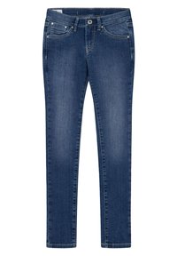 Jeans skinny de mezclilla azul oscuro con bolsillos frontales falsos, una cintura con botón y una textura suave. Las piernas son ajustadas y en tapered.